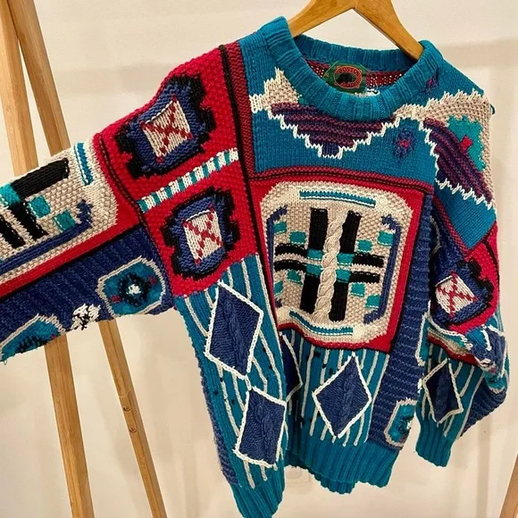 Vintage Southwestern Chunky Textured Abstract Geo Patterned Crewneck Sweater - Picture 3 of 6